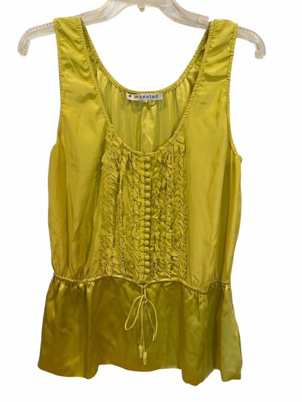 Mansted silk chartreuse yellow Green Ruffle Front Silk Tank size large